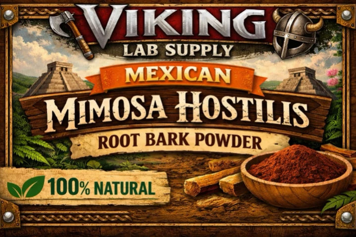Mimosa Hostilis Root Bark Powder 100g Natural Dye packaging with Mayan pyramid background.