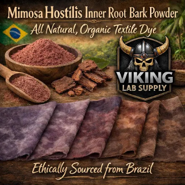 Mimosa Hostilis Root Bark Powder as an organic textile dye sourced from Brazil, displayed with dyed fabric samples.