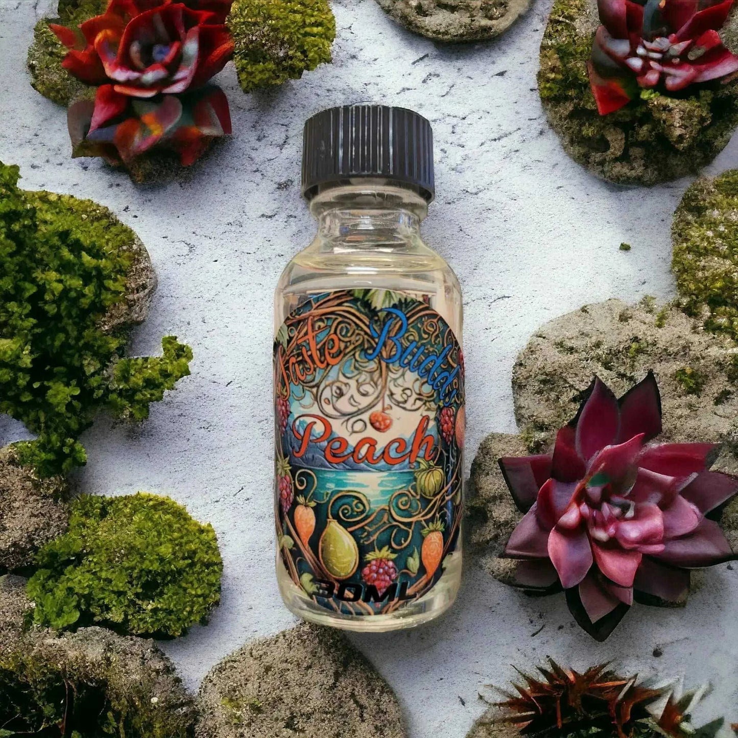 Peach terpenes MCT blend bottle surrounded by moss and succulents, capturing the natural peach flavor essence by Taste Budds.