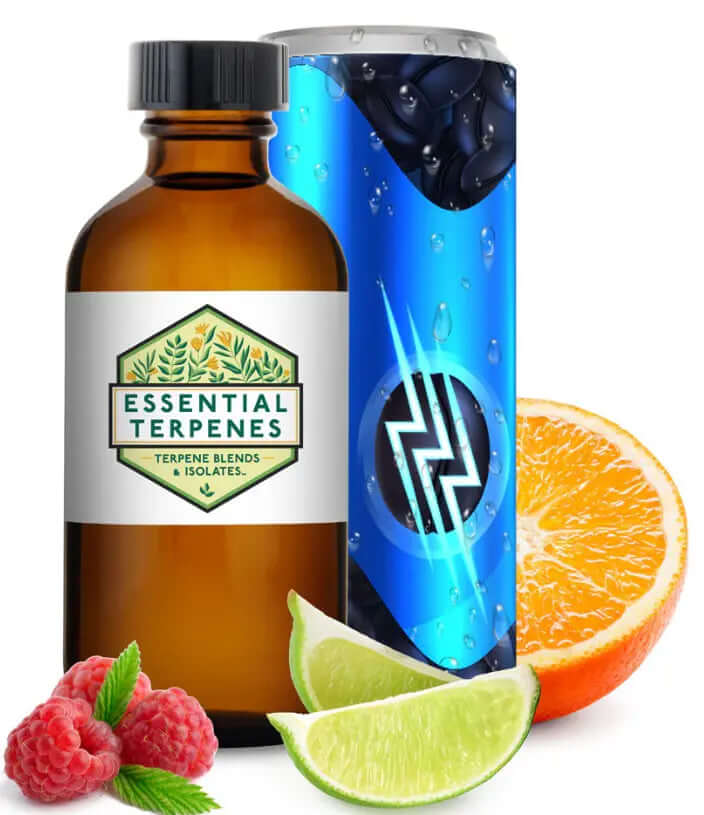 Red Rocket essential terpenes bottle with citrus and berries, highlighting sweet and tangy notes.