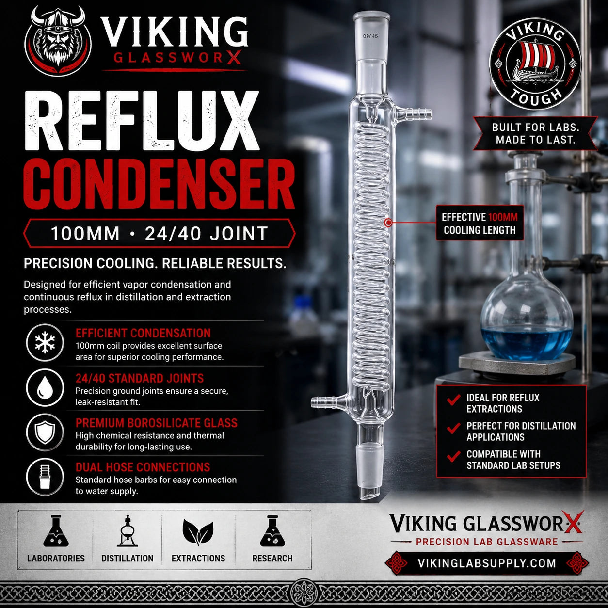Reflux Condenser - 100mm 24/40 joint for precise vapor condensation and cooling in laboratory distillation experiments.
