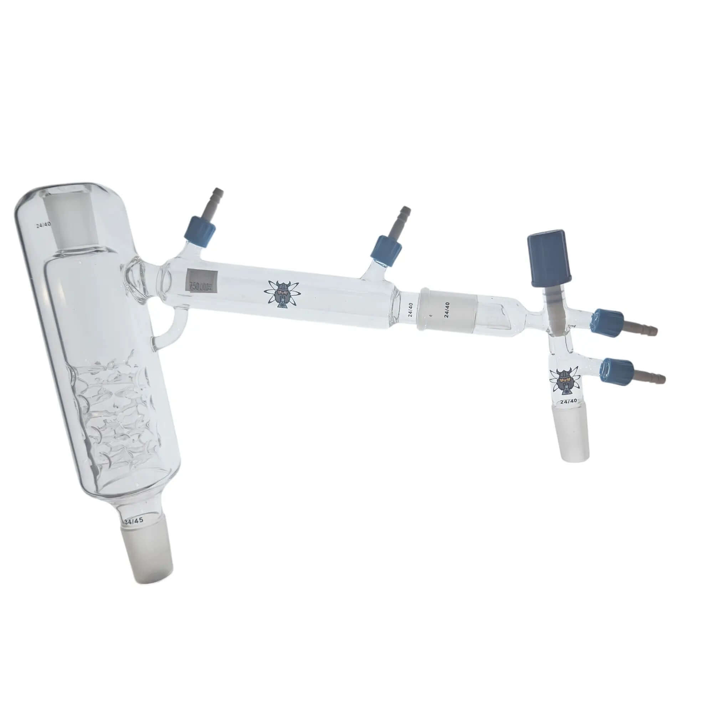 Short Path Receiver with Vacuum Control Valves made from borosilicate glass, suitable for 24/40 joint flasks in lab settings.