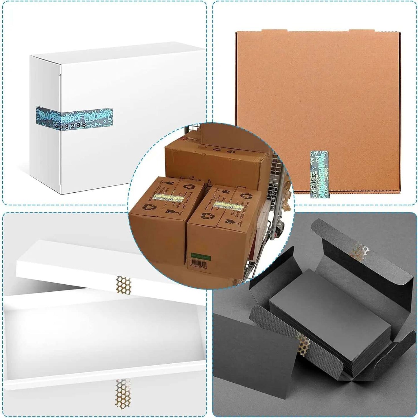 Tamper Evident Hologram Seal Stickers securely sealing various boxes and packages for product protection.