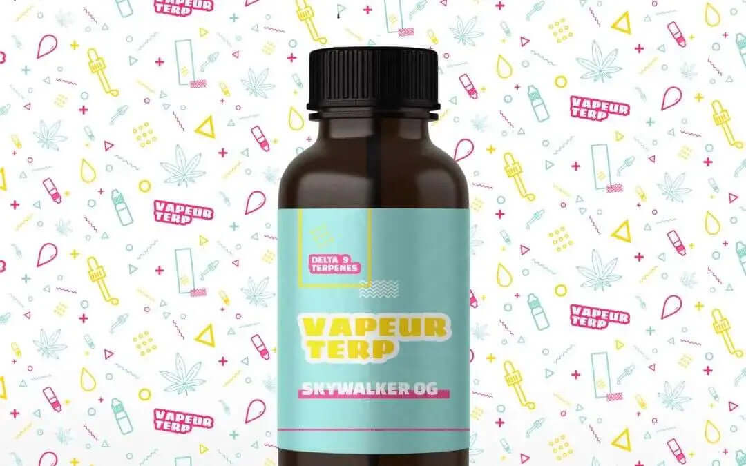 Skywalker OG Delta 9 Premium 4ml Terpenes bottle on colorful background