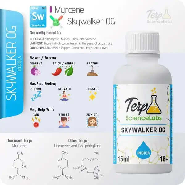 Skywalker OG terpenes 15ml bottle by TS Labs with flavor notes and effects displayed