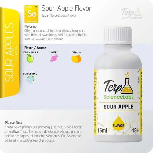 Terp Science Labs Terpenes 15ml Sour Apple Flavor bottle showcasing refreshing citrus and sweet aroma.