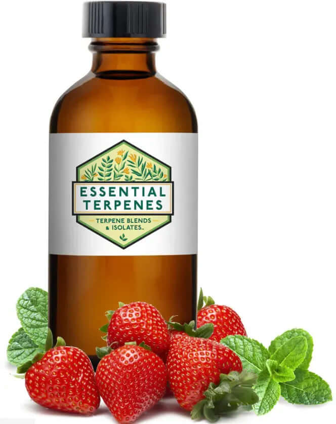Strawberry Snow - Essential Terpenes bottle with strawberries and mint, showcasing sweet and floral flavor profile.