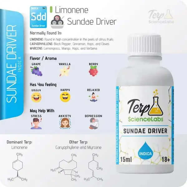 Sundae Driver - TS Labs premium terpenes bottle, Indica hybrid, featuring fruity flavors and relaxation benefits.