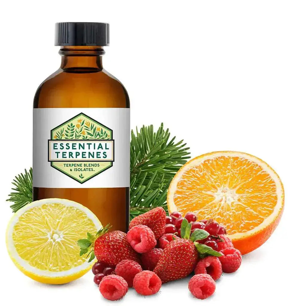 Sunset Sherbet Terpenes bottle with citrus and berry fruits, aroma enhancer for vaping and edibles.
