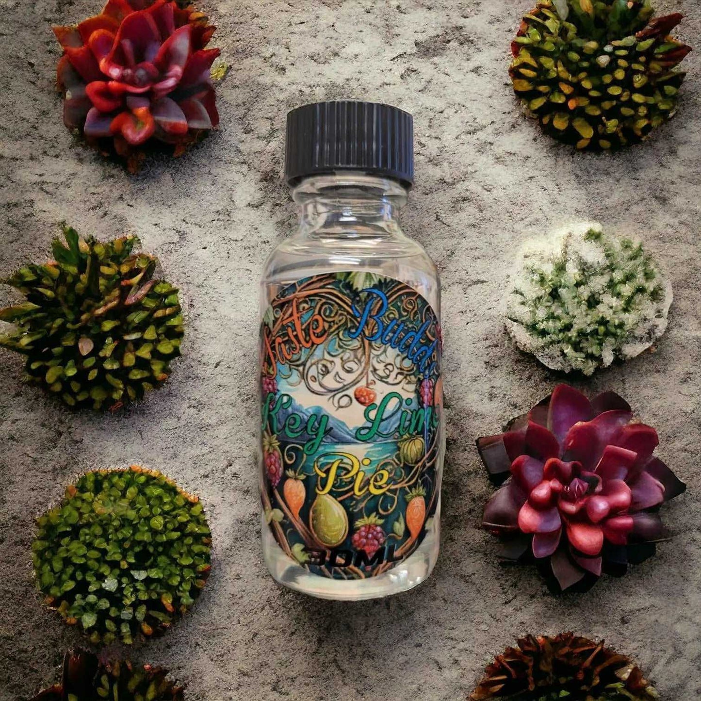 Key Lime Pie terpenes Taste Budds 30mL bottle surrounded by succulents
