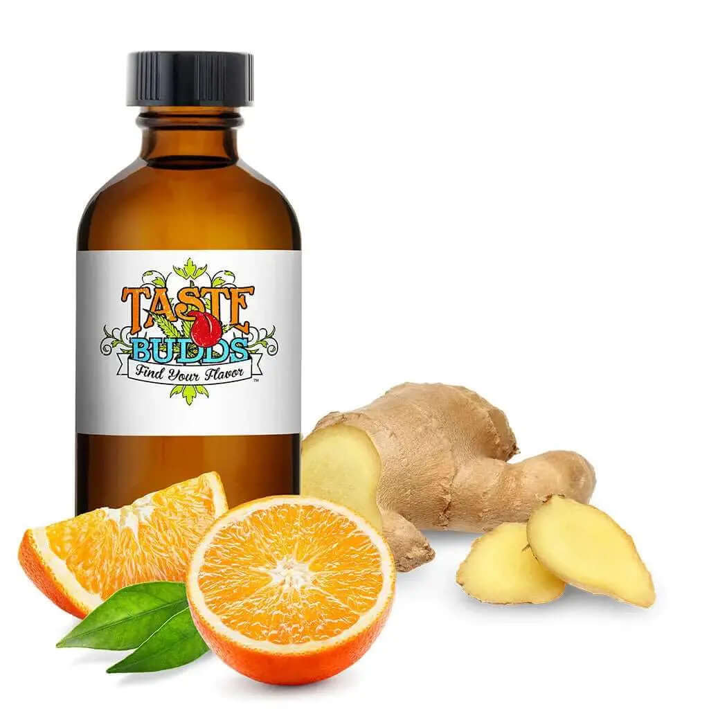 Brown glass bottle labeled "Taste Buds" with fresh orange slices and ginger root, representing Orange & Ginger terpenes blend.