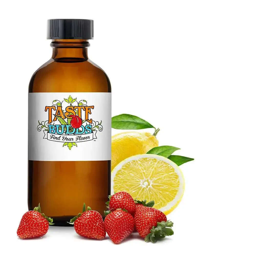 Taste Budds - Strawberry Lemonade 10 mL MCT Blend bottle with fresh strawberries and lemon slices in background