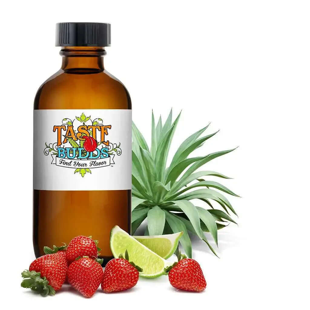 Taste Budds MCT Blend Terpenes bottle with strawberries and lime, showcasing premium flavor and quality.