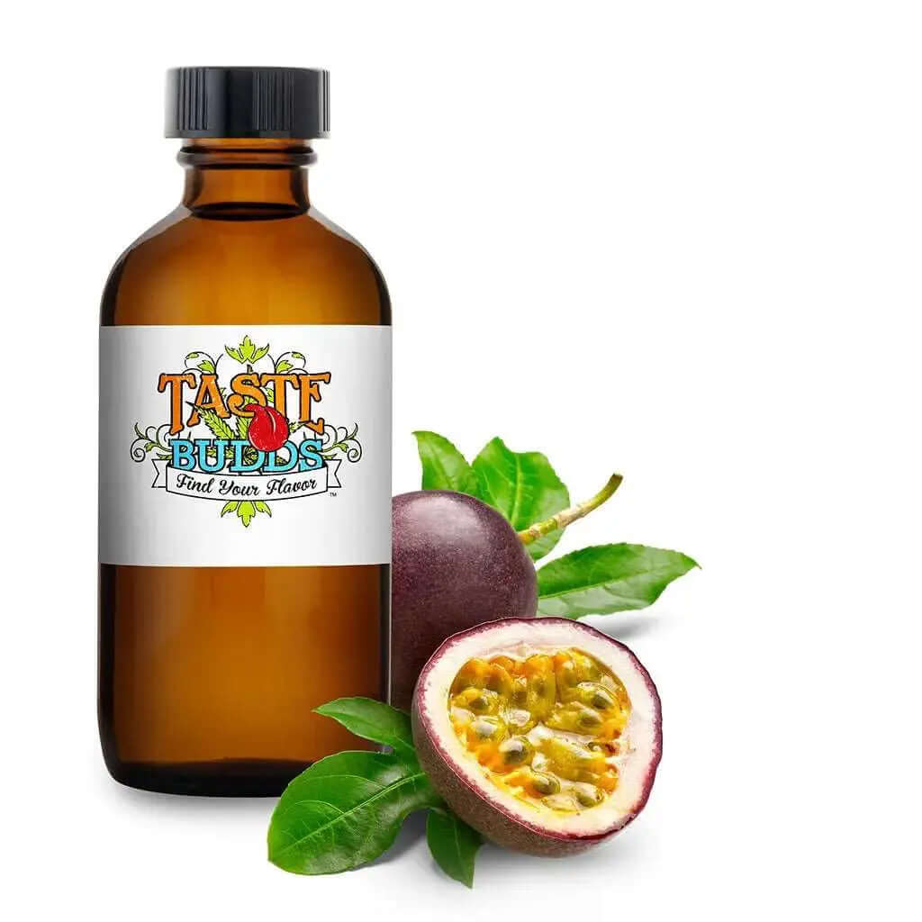 Taste Budds MCT Blend Terpenes in a bottle alongside fresh passion fruit and leaves.