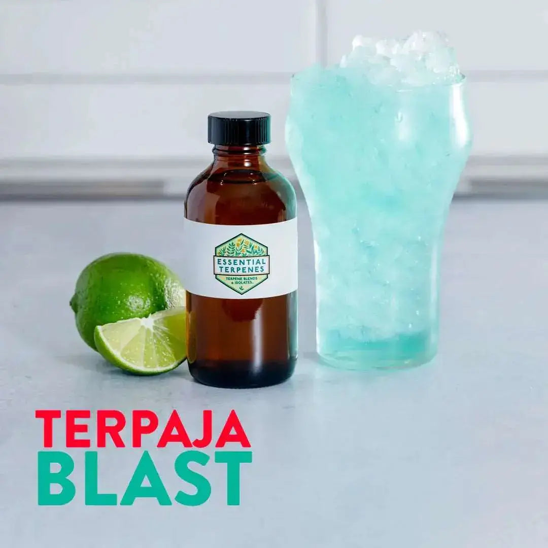 Premium Essential Terpenes All-Natural bottle with lime and drink, showcasing Terpaja Blast aroma blend, enhance your DIY formulations.