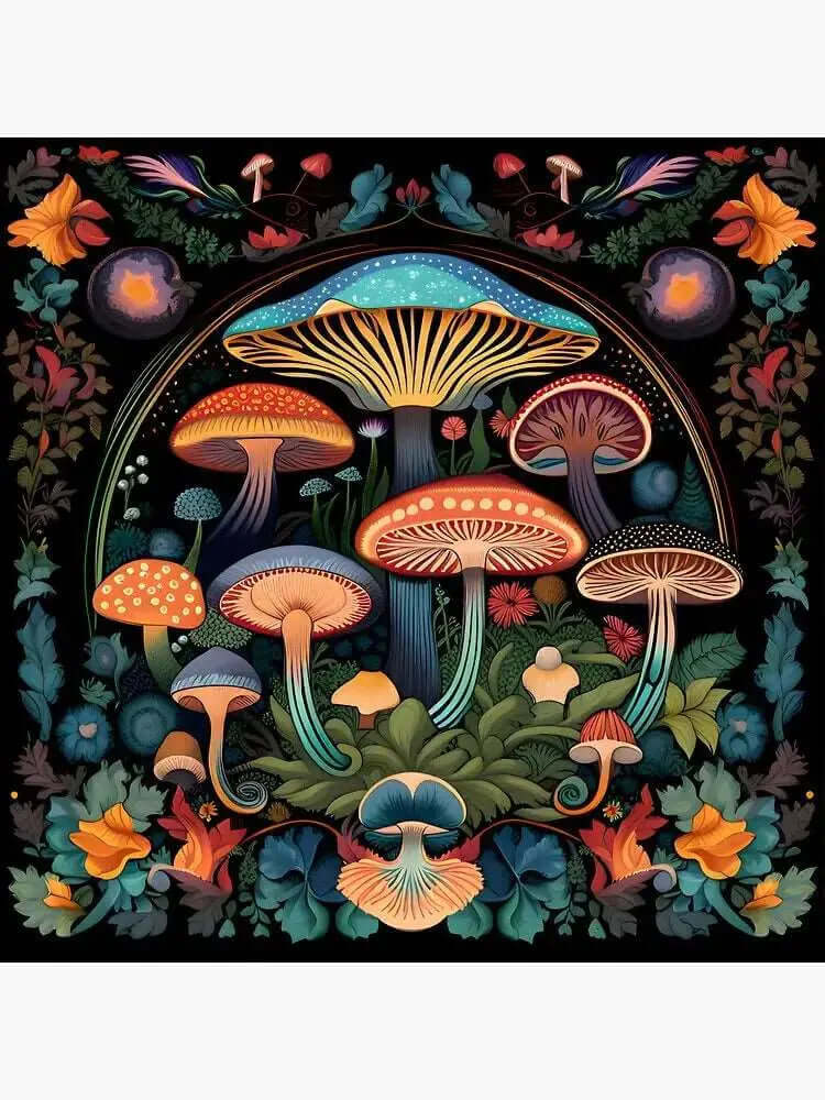 Trippy Mushroom Groovy 4 inch Glossy Vinyl Sticker featuring colorful mushrooms on a dark background.