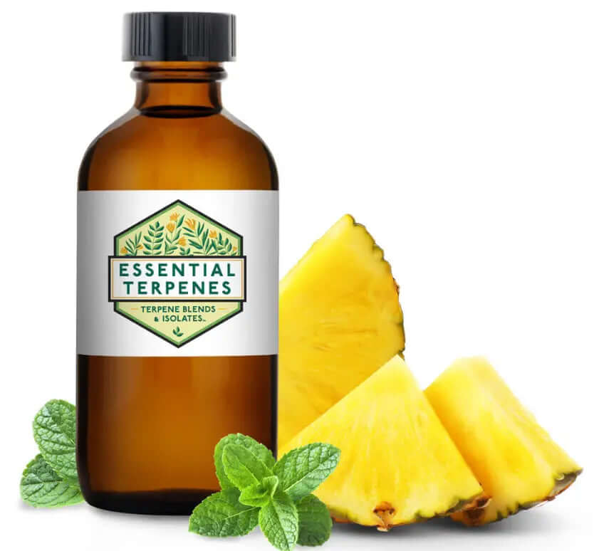 Tropical Twilight Essential Terpenes Fruity Blend bottle with fresh pineapple and mint leaves.