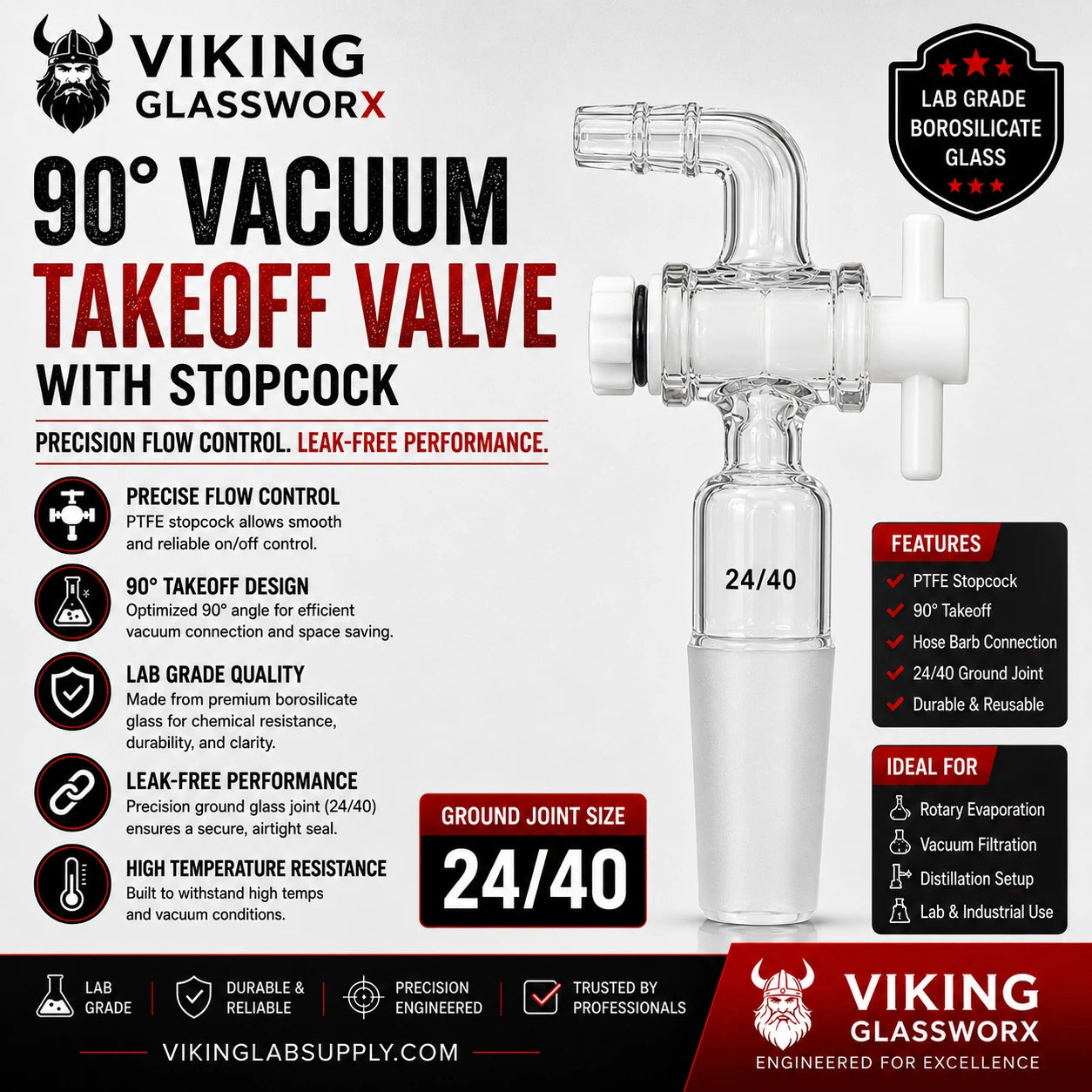 90 Degree Vacuum Adapter with flow control PTFE stopcock for precision regulation, lab grade borosilicate glass, joint size 24/40.