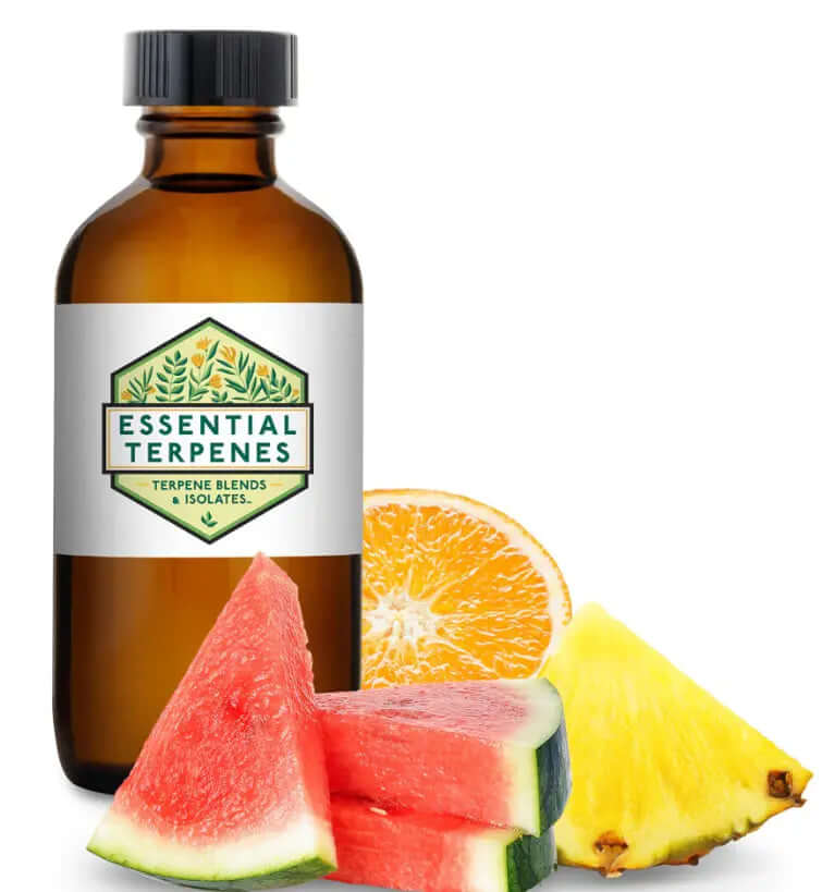Watermelon Candy terpene profile in amber bottle with tropical fruits