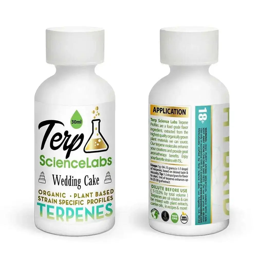 Terp Science Labs Terpenes 30ml Wedding Cake bottle, organic plant-based strain specific profiles.