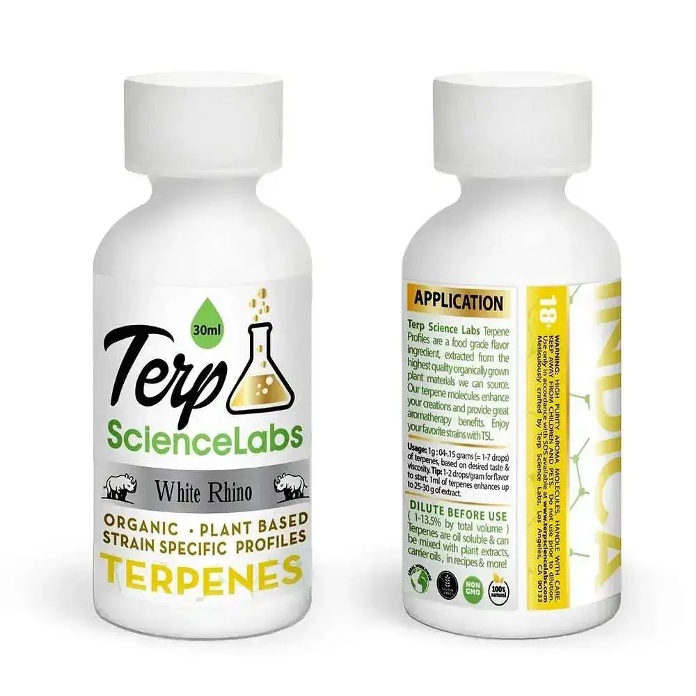 TS Labs White Rhino terpenes 15ml bottles with organic plant-based labels highlighting flavor profiles.