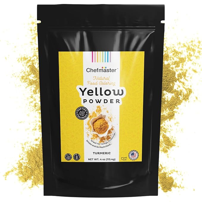 Chefmaster Plant-Based Natural Food Color Powder featuring turmeric dye, 4oz pouch for icing and decorating, crafted in USA.