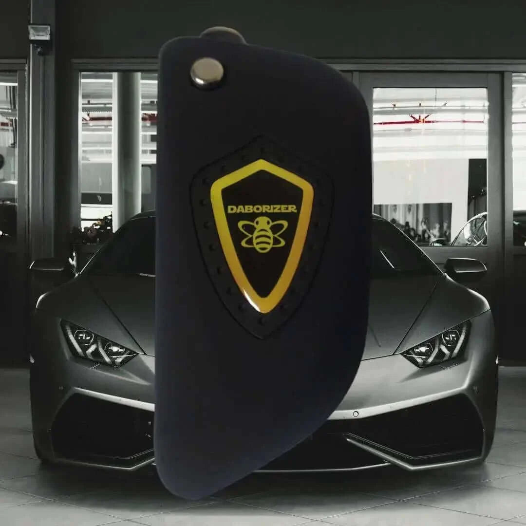 Black Daborizer Key FOB 510 battery with a car in the background