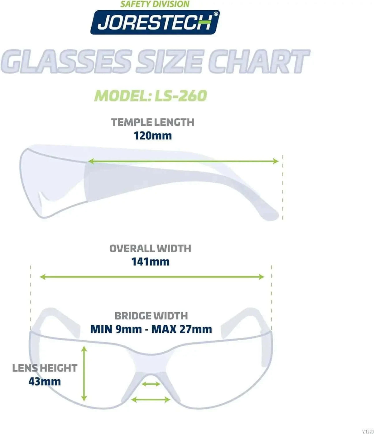 Size chart for Eyewear Protective Safety Glasses Clear Red, including temple length, overall width, bridge width, and lens
