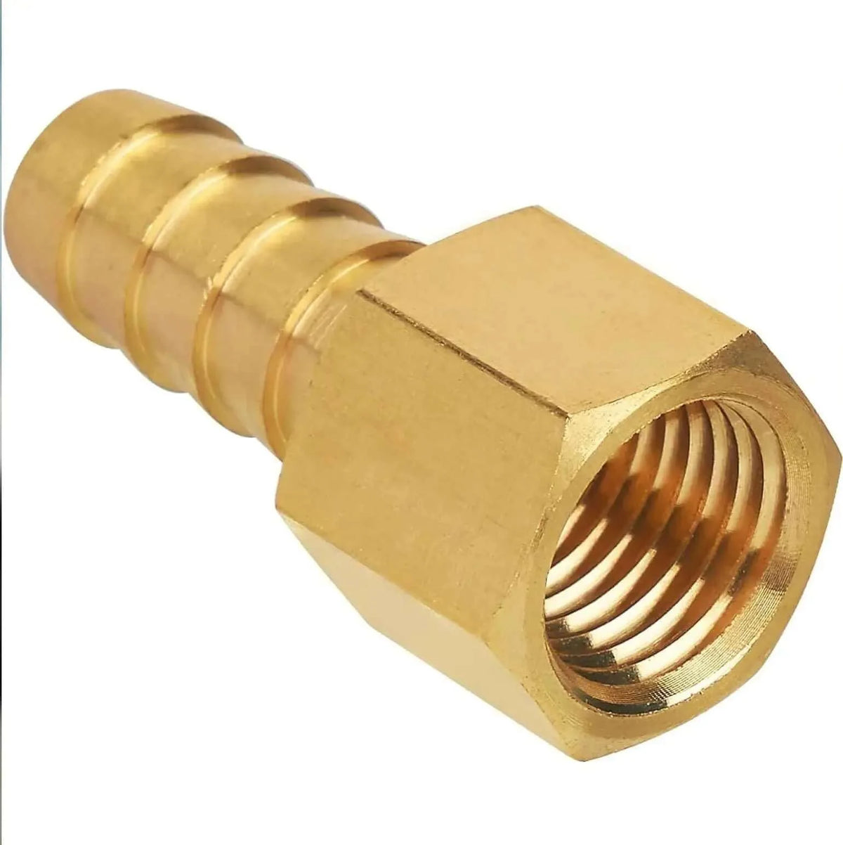 Solid brass NPT female hose barb with 3/8" barb and 1/4" female NPT end. Ideal for air, fuel, gas, oil, and hydraulic