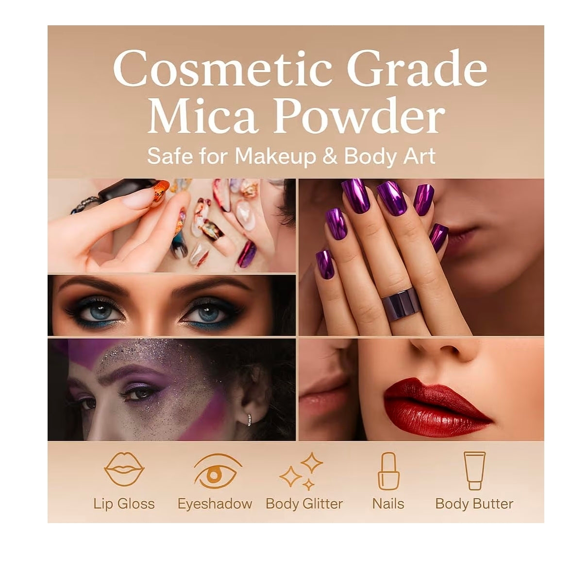 Cosmetic grade mica powder for makeup and body art, showcasing vibrant nails and eye makeup applications.