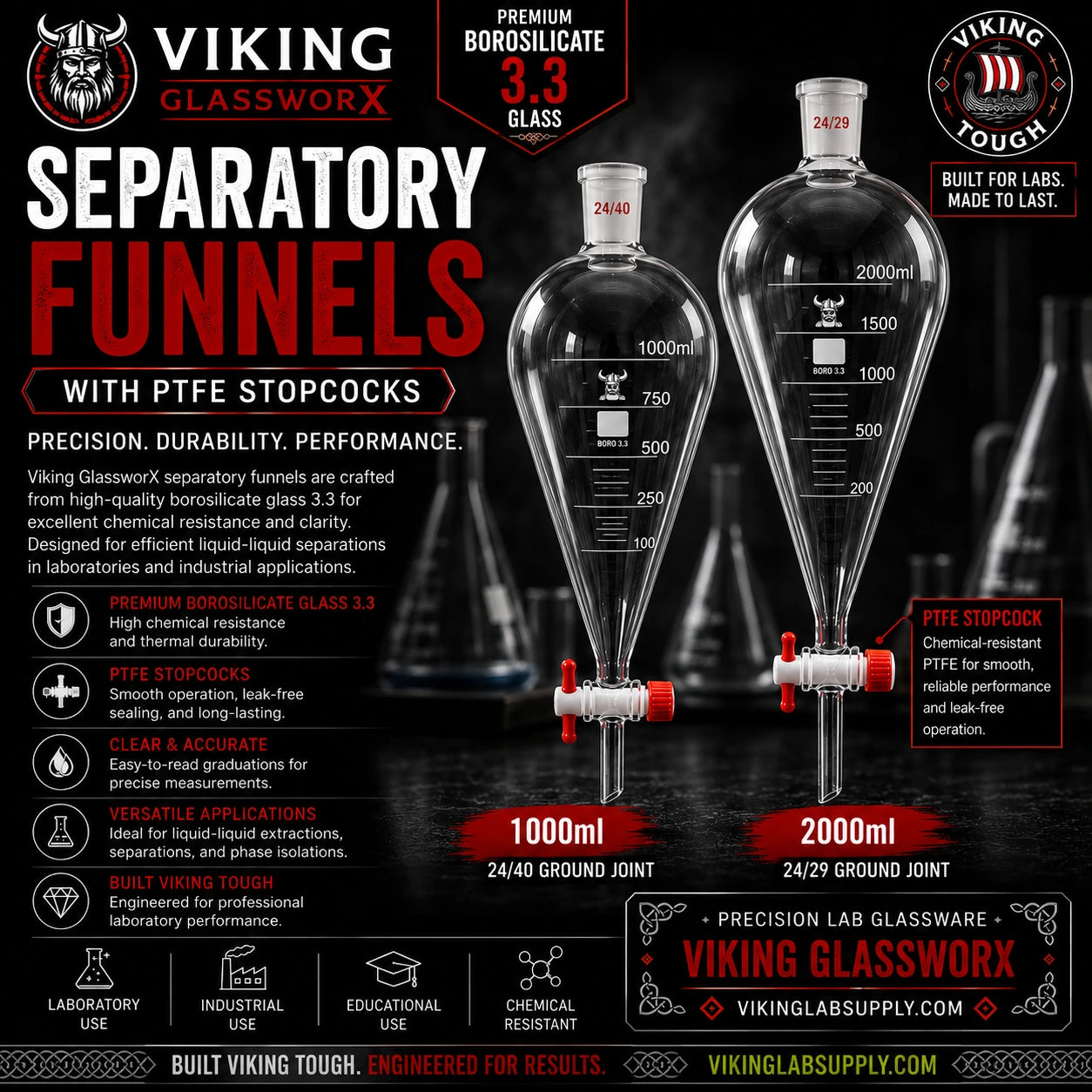 Premium borosilicate glass separatory funnels with PTFE stopcocks for precise liquid extraction in laboratory settings.