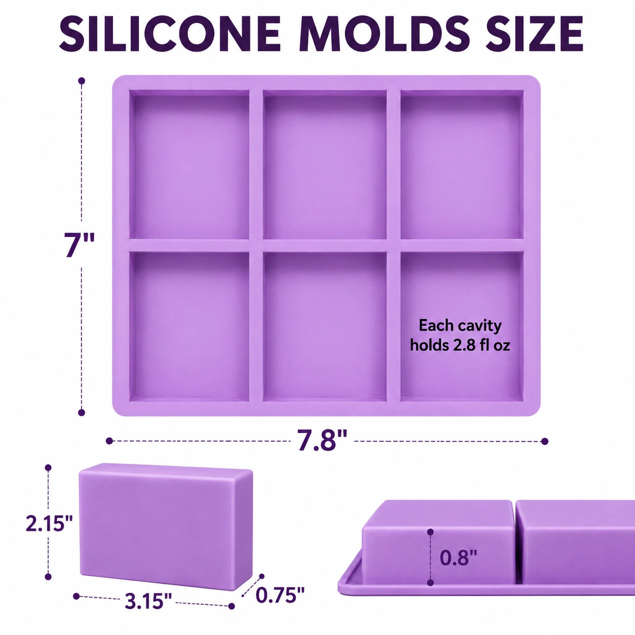 Dimensions of Platinum Cured Silicone Soap Molds, featuring six cavities, each holding 2.8 fl oz, with detailed size measurements.