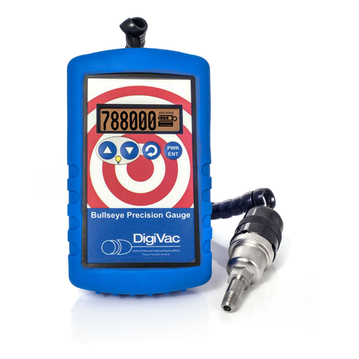 Portable precision vacuum gauge Bullseye Precision Gauge with digital display and connectors.