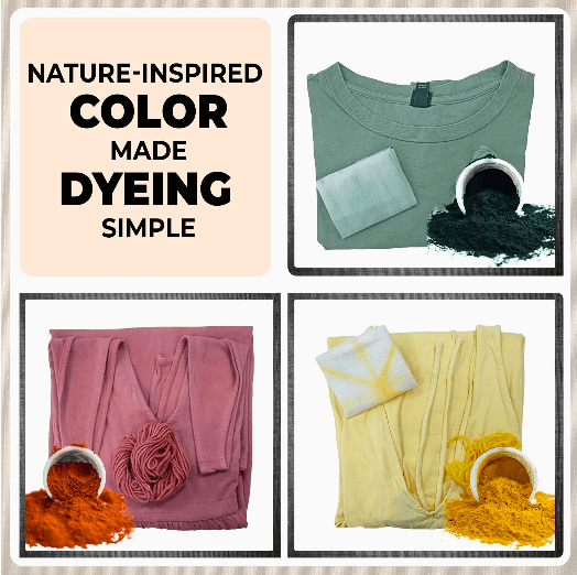 Natural Tie Dye Kit showcasing olive green, sunflower yellow, and turkey red dyes for easy fabric dyeing projects.