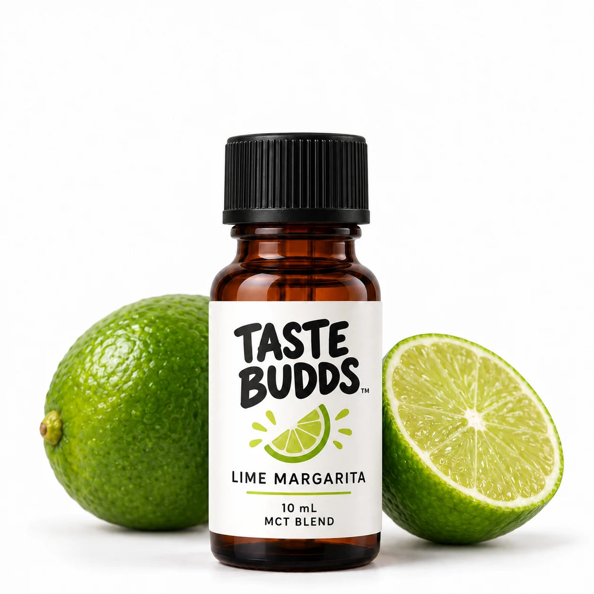 Illustrative AI rendering of Taste Budds Lime Margarita MCT blend 10mL bottle with screw cap
