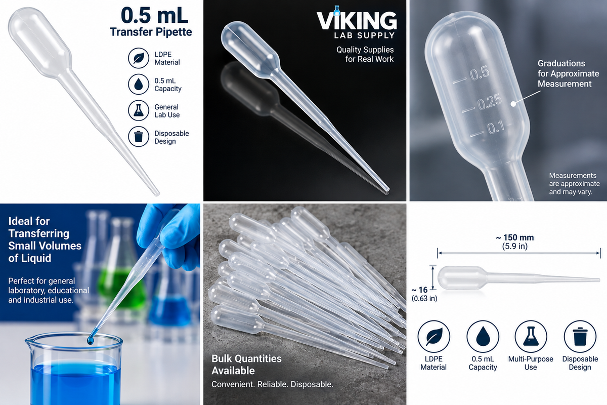 0.5 mL LDPE transfer pipette shown in laboratory settings with capacity, material and disposable-use details