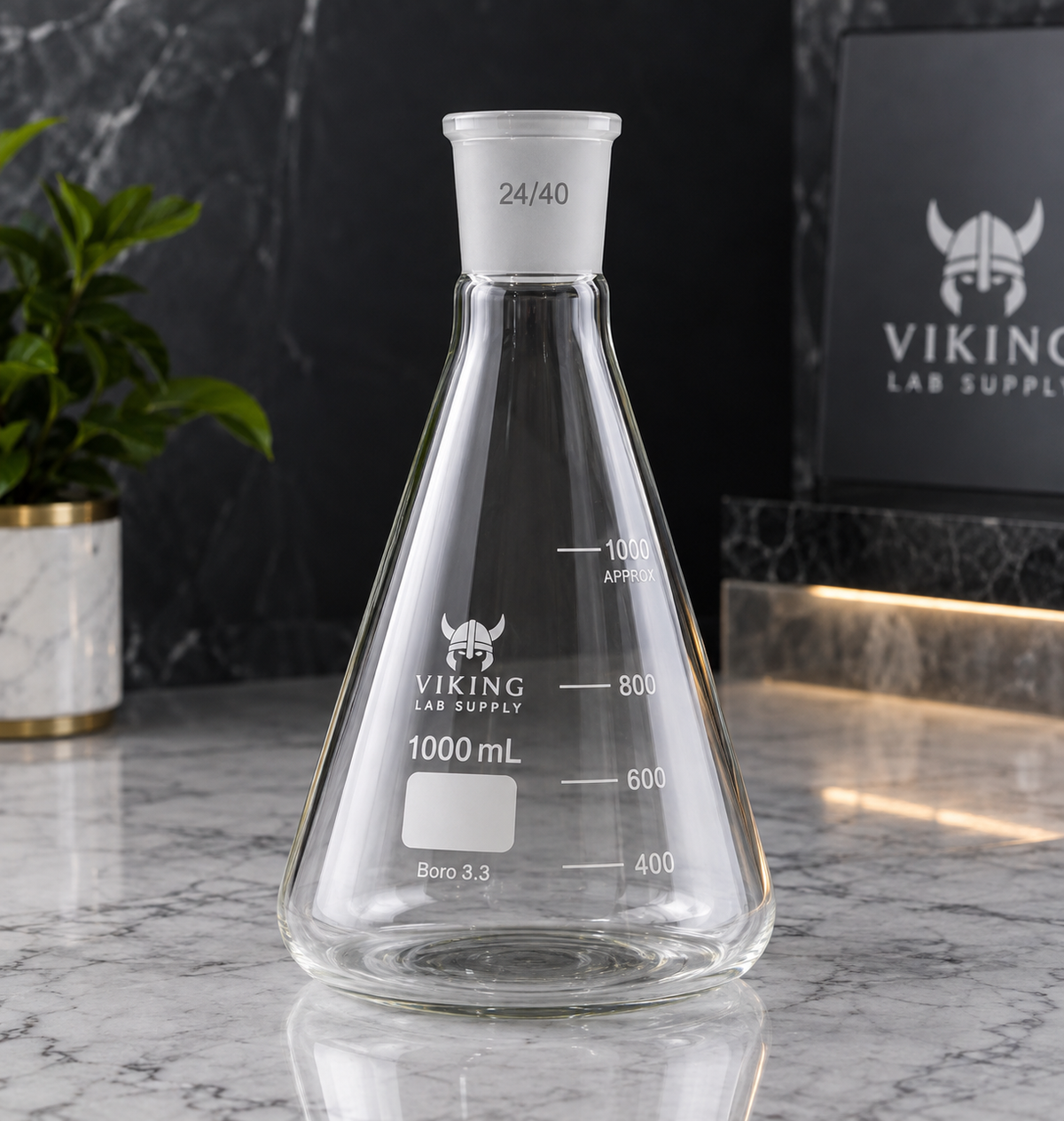 1000 mL borosilicate Erlenmeyer flask with 24/40 joint and graduated markings on a dark marble laboratory backdrop