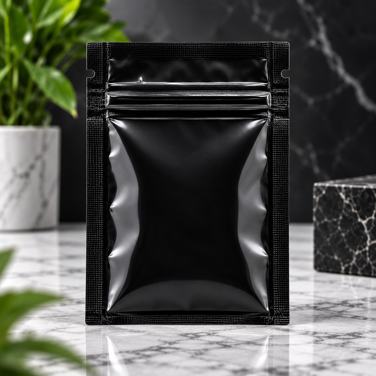 1 oz gloss black resealable Mylar bag with heat-sealed edges and zipper closure on a polished marble surface