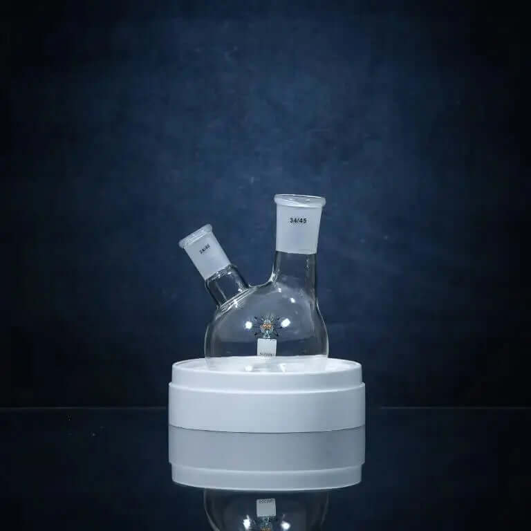 2 Neck Flask - 500ml with thick walled glass and high-grade borosilicate 3.3 by VIKING GLASSWORX, featuring 24/40 and 34/45 joints.