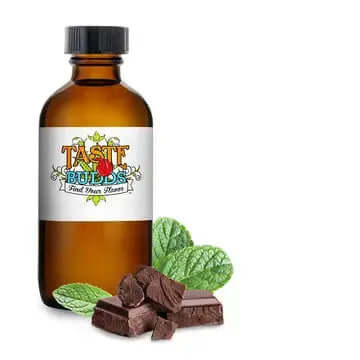 Bottle of Taste Budds andes mint terpenes MCT blend with chocolate and mint leaves