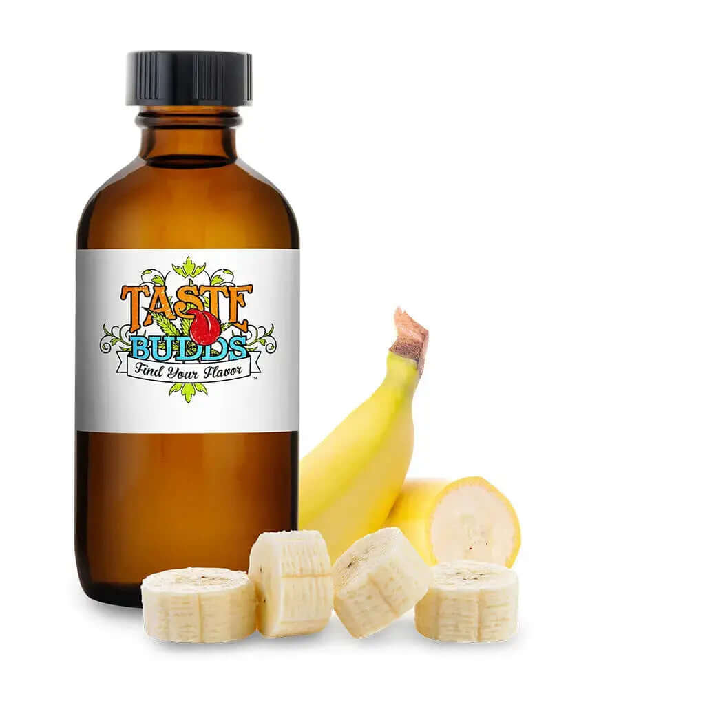 Taste Budds MCT Blend Terpenes bottle with bananas and banana slices, showcasing premium flavor blend.