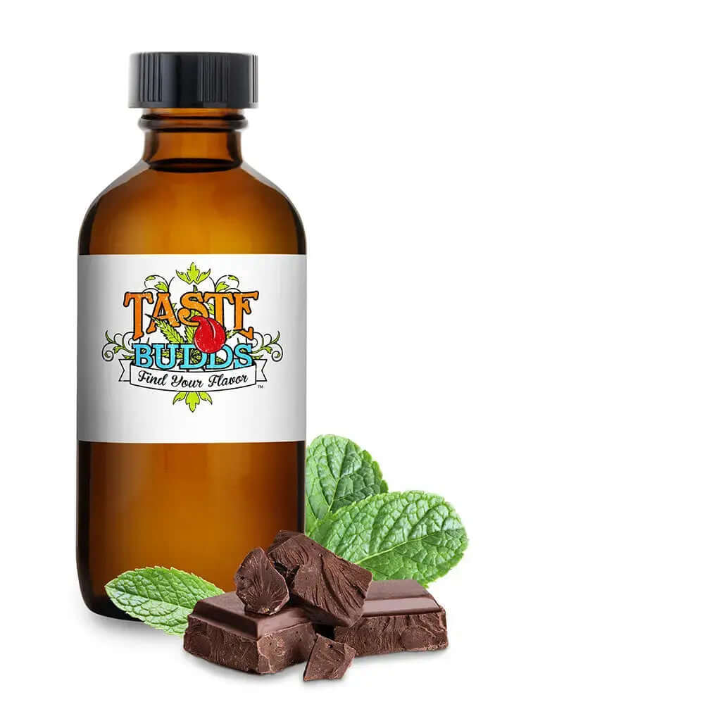Chocolate Mint Terpenes MCT Blend by Taste Budds bottle with mint leaves and chocolate pieces.