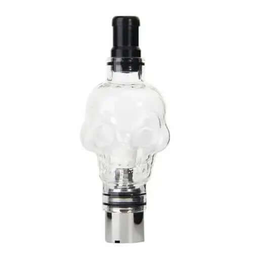 Crystal Skull dab chamber 510 Thread in glass design with black tip and threaded base, ideal for vaping enthusiasts.