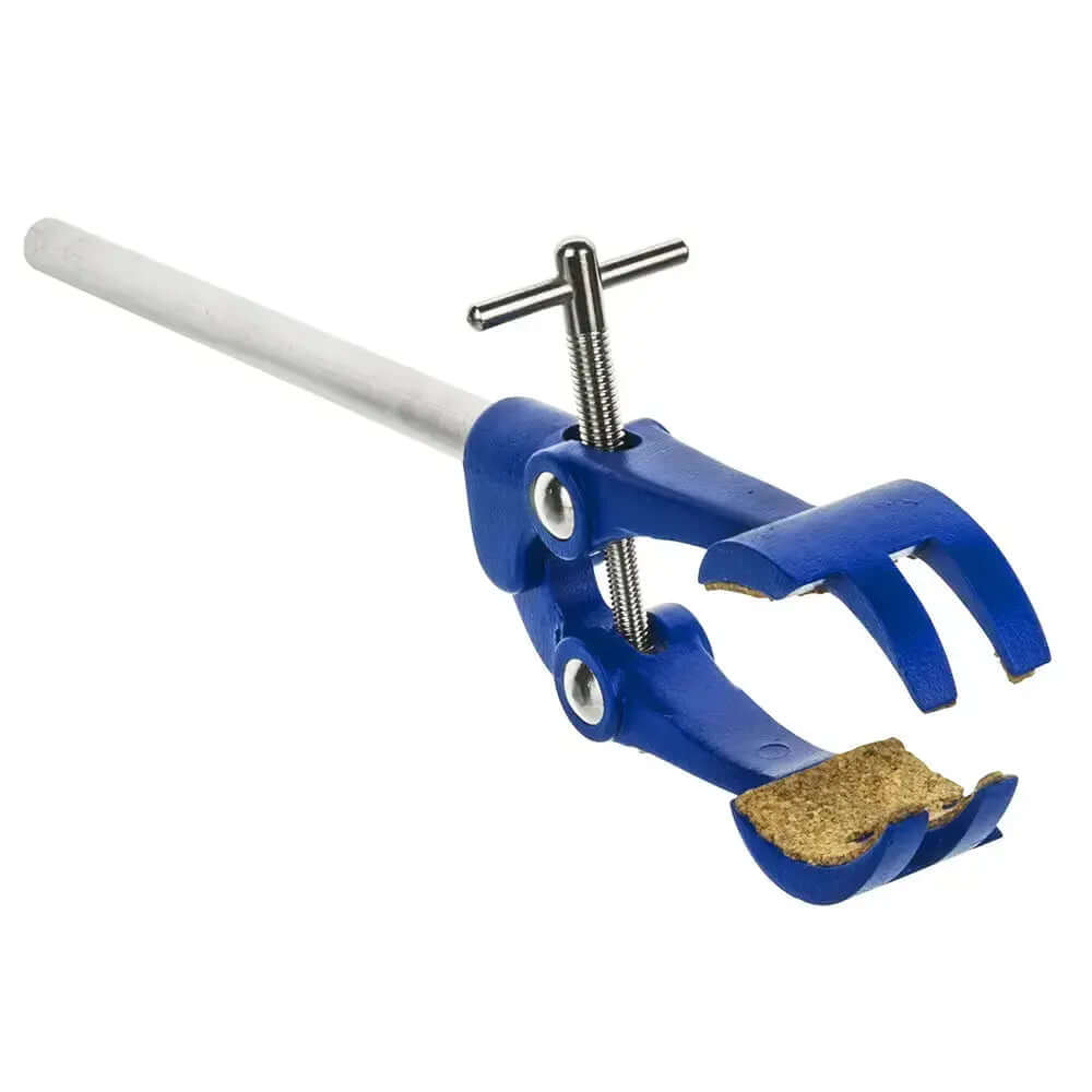 English 4 Finger Cork Lab Clamp with Rod featuring a blue body and cork-lined grips for secure and delicate surface handling.