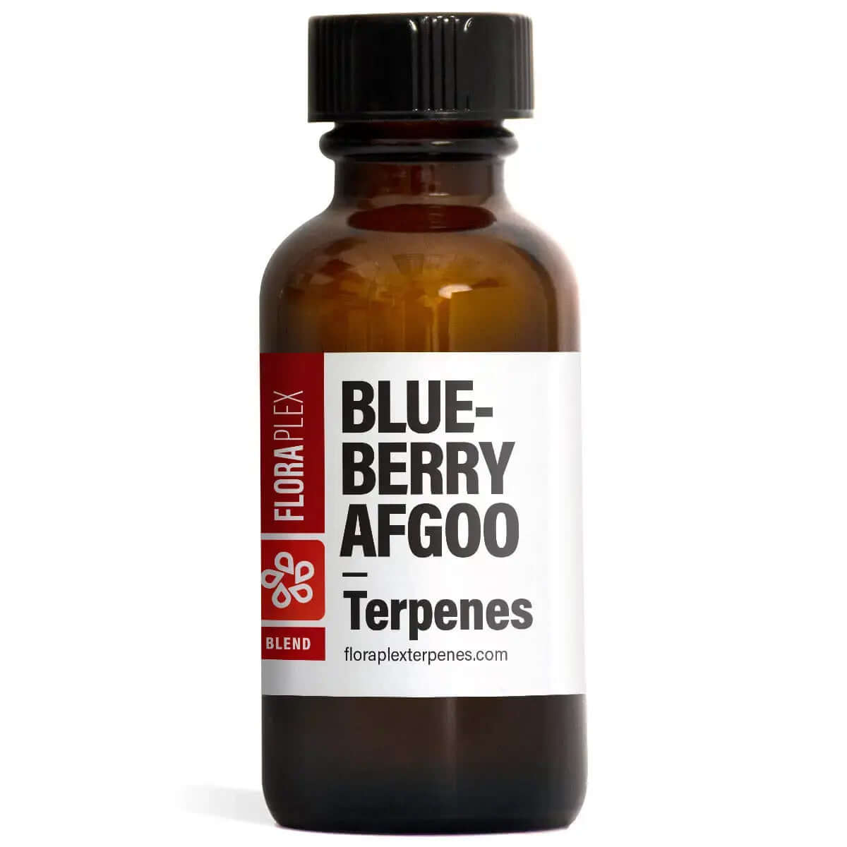 Floraplex 15ml bottle of blueberry terpenes featuring Blueberry Afgoo profile with pine, skunk, berry notes, mineral oil-free, vitamin E-free