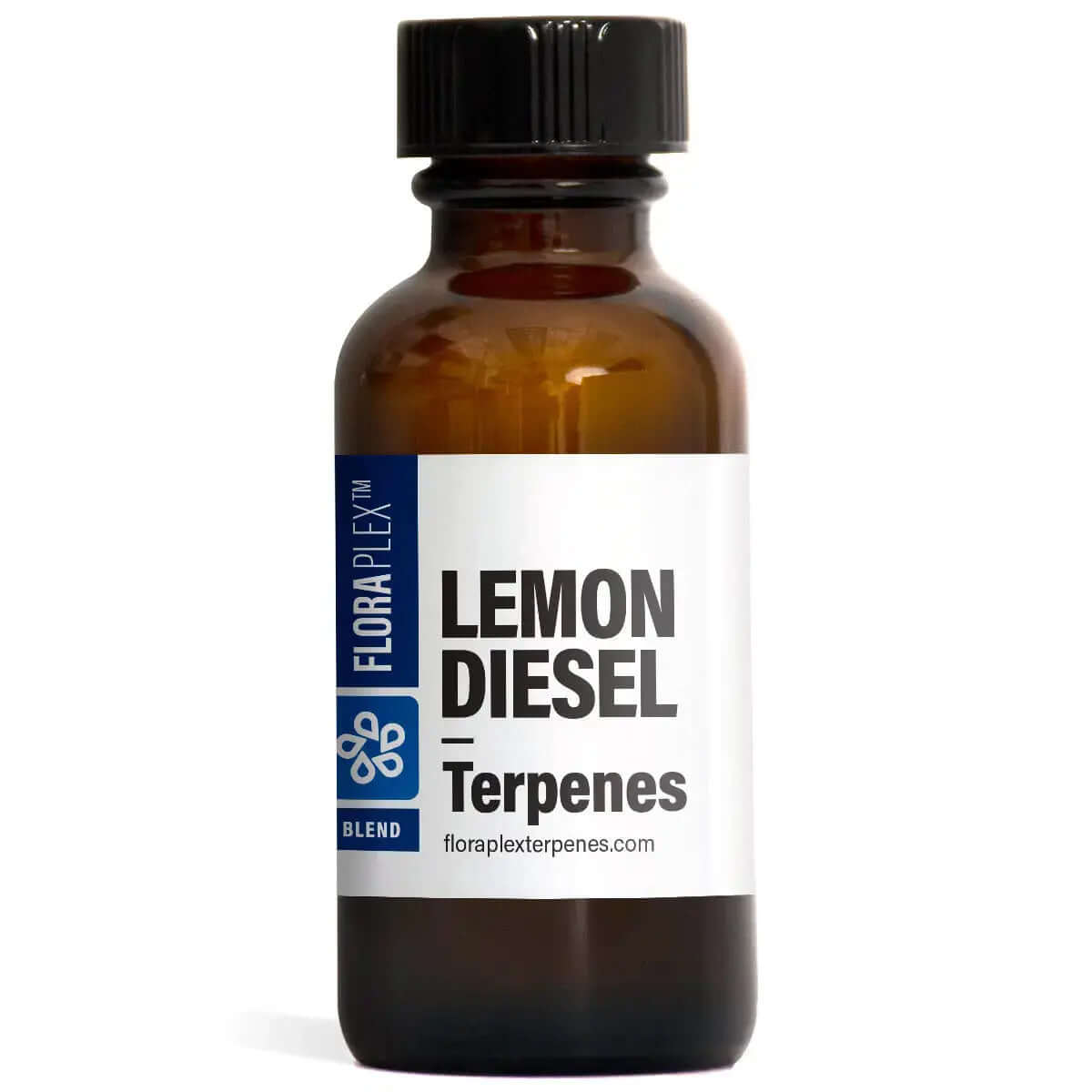 15ml bottle of lemon diesel Terpenes by Floraplex with citrus and pepper notes, mineral oil and vitamin E free.