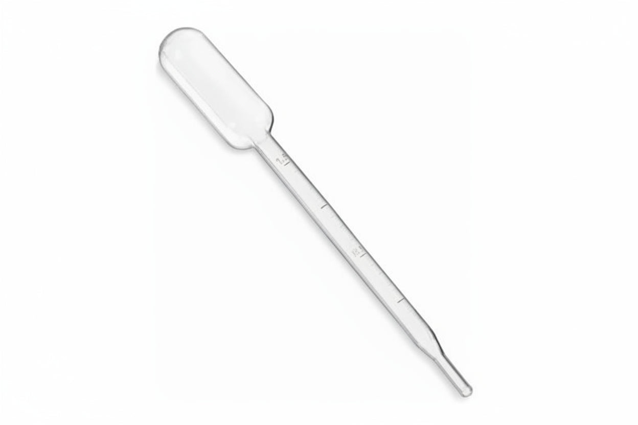 .5ml pipette made of LDPE plastic, flexible and squeezable, ideal for lab use, disposable to prevent contamination, non-sterile, graduated.
