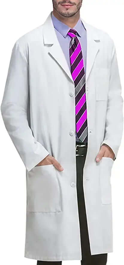 Lab Coats all sizes - Model wearing a professional white lab coat with a colorful tie, showing durability and style.