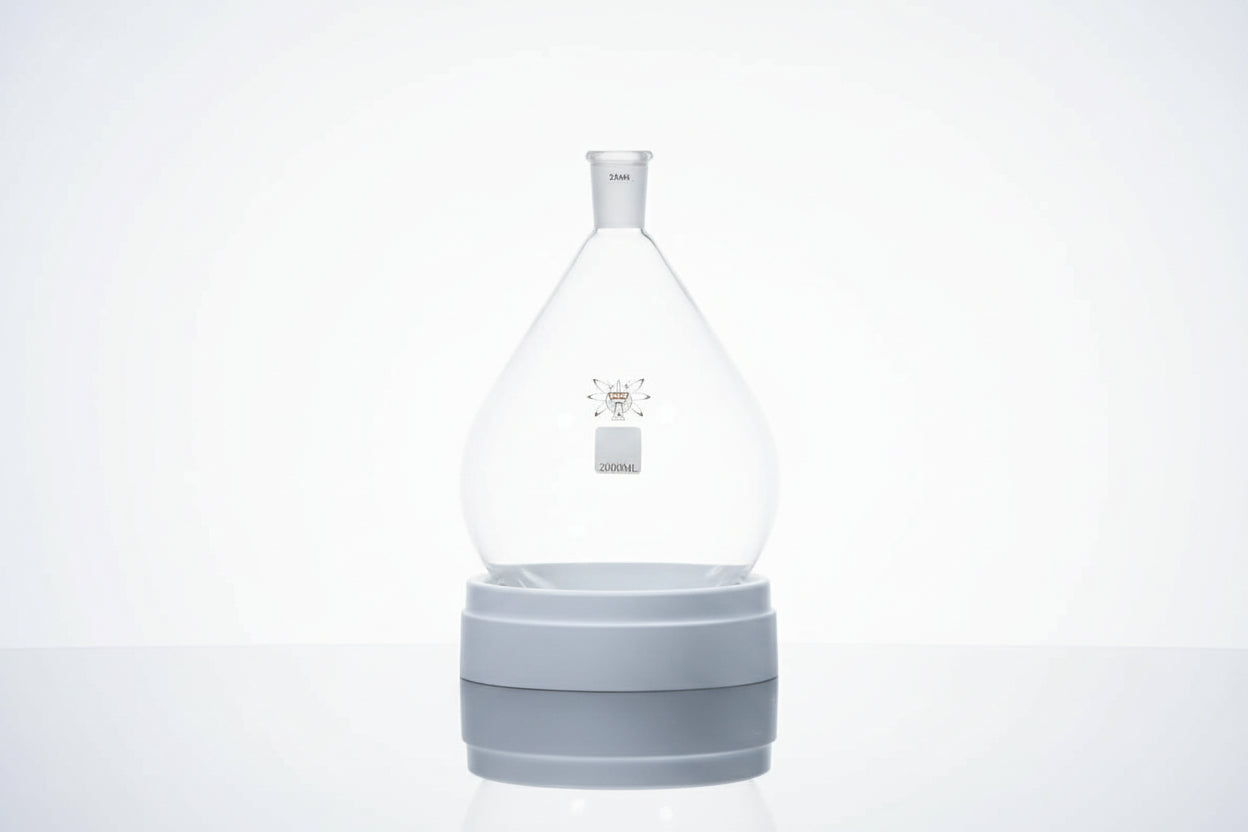Single Neck Pear Flask - 2L (24/40) glass laboratory flask on display