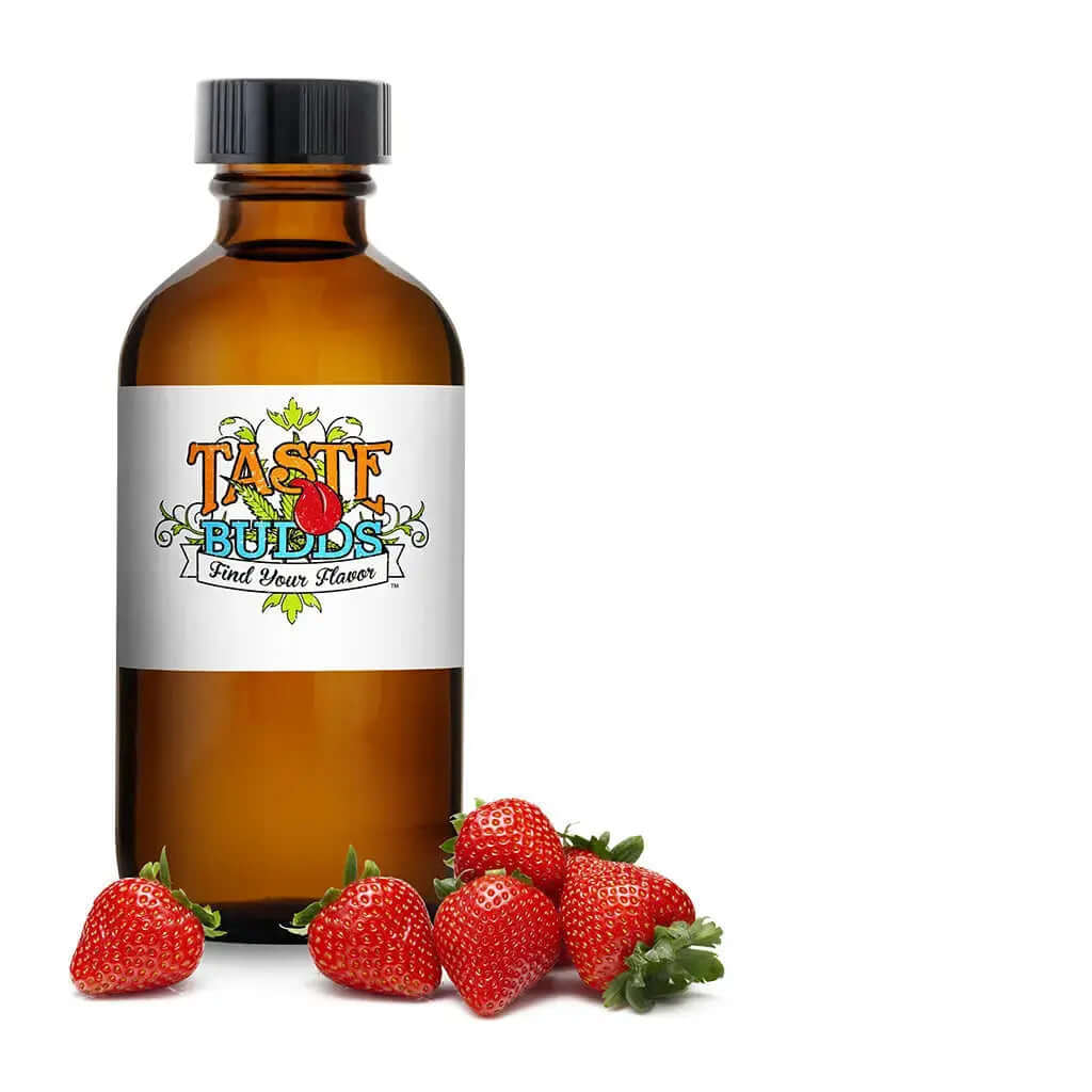 Taste Budds MCT Blend Terpenes bottle with strawberries, featuring vibrant label design and premium quality.